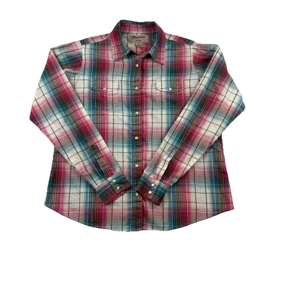 Wrancher Wrangler Pearl Snap Shirt Womens L Pink Plaid Gold Silver Lined